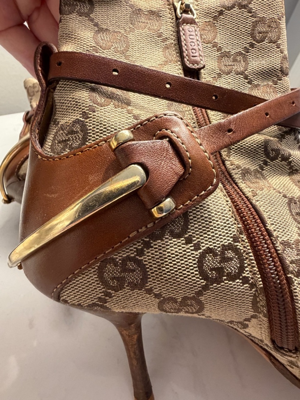 Gucci Beige and Brown GG Canvas Ankle Boots with Leather Straps